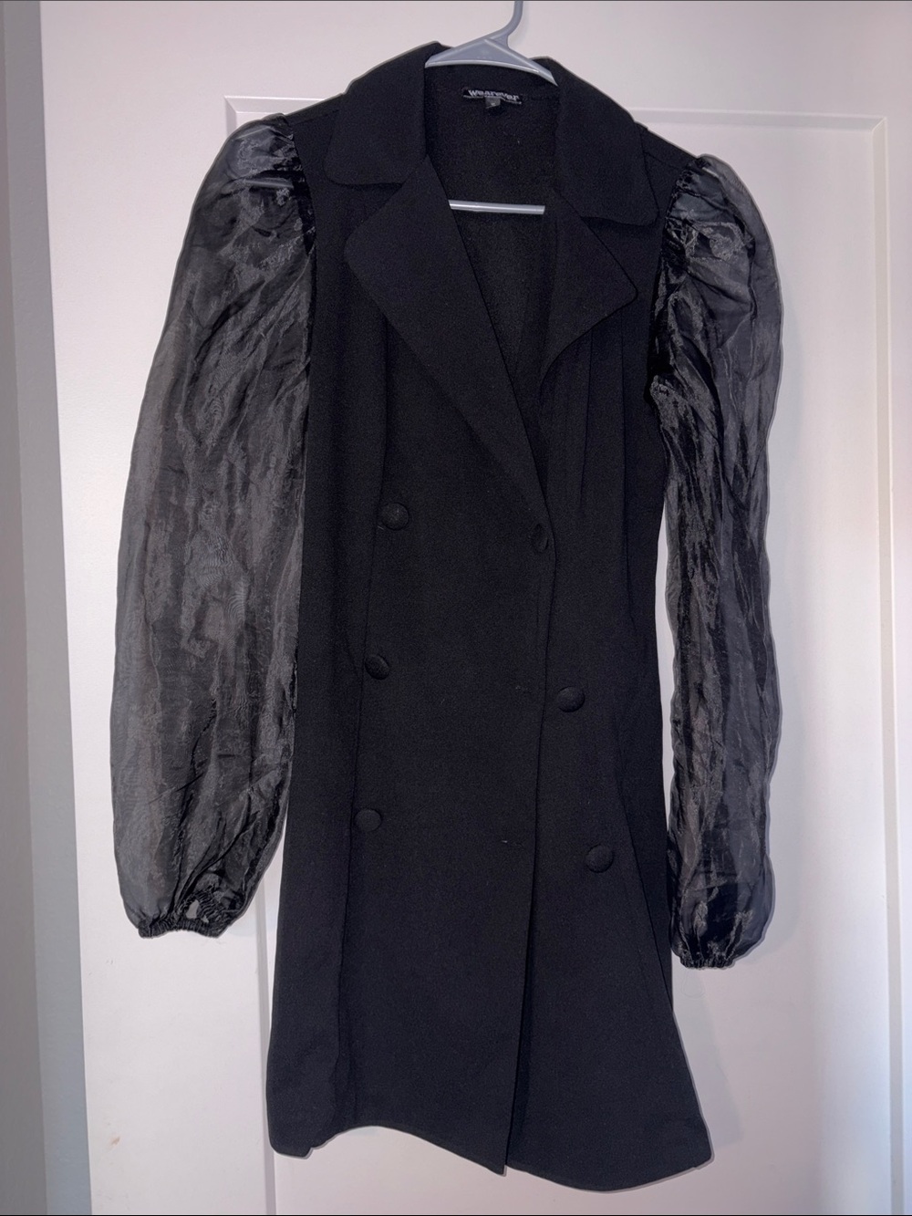 Black Double-Breasted Blazer Dress with Sheer Puff Sleeves